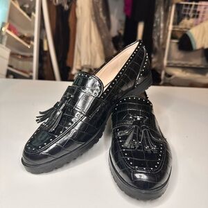 Zara Black Croc-Embossed Tassel Loafers with Stud Detail